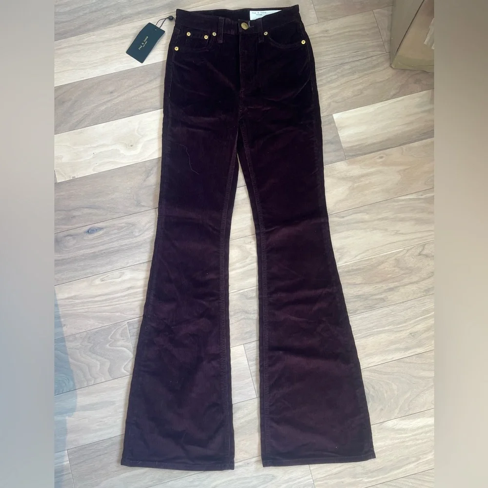 NWT rag & bone Burgundy High Waist Corduroy Flare Pants size 24 - Picture 2 of 8